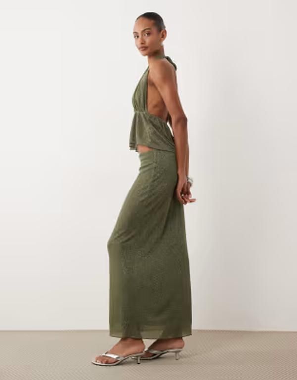 ジーナトリコ レディース ボトムスカート マキシ Gina Tricot mix match maxi skirt glitter Khaki Glitter カーキ