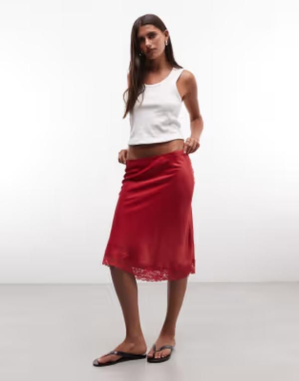 リクレイム ヴィンテージ レディース ボトムスカート レーストリム サテン レース Reclaimed Vintage satin awkward length skirt with lace tri