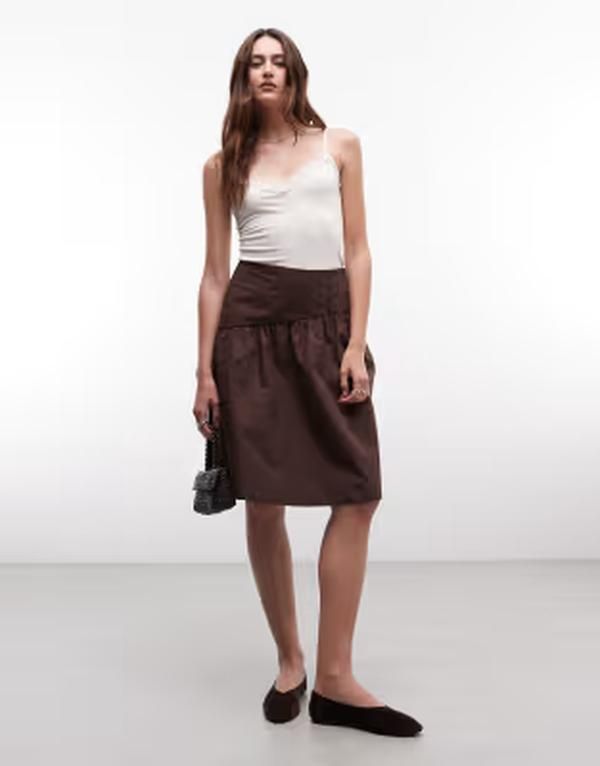 リクレイム ヴィンテージ レディース ボトムスカート コットン Reclaimed Vintage cotton poplin awkward length skirt Brown ブラウン