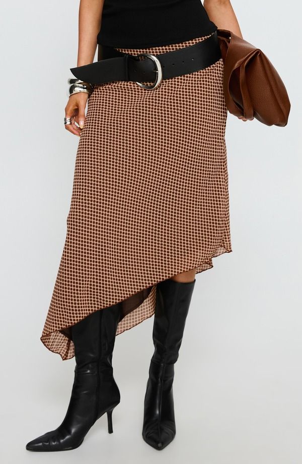 プリンセスポリー レディース ボトムスカート ドット柄 アシンメトリー ドット ミディ Princess Polly Suella Polka Dot Asymmetric Midi Skirt BR