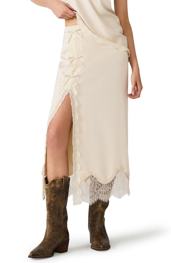 スティーブ マデン レディース ボトムスカート レーストリム サテン レース マキシ Steve Madden Lissandra Lace Trim Satin Maxi Skirt IVORY ア