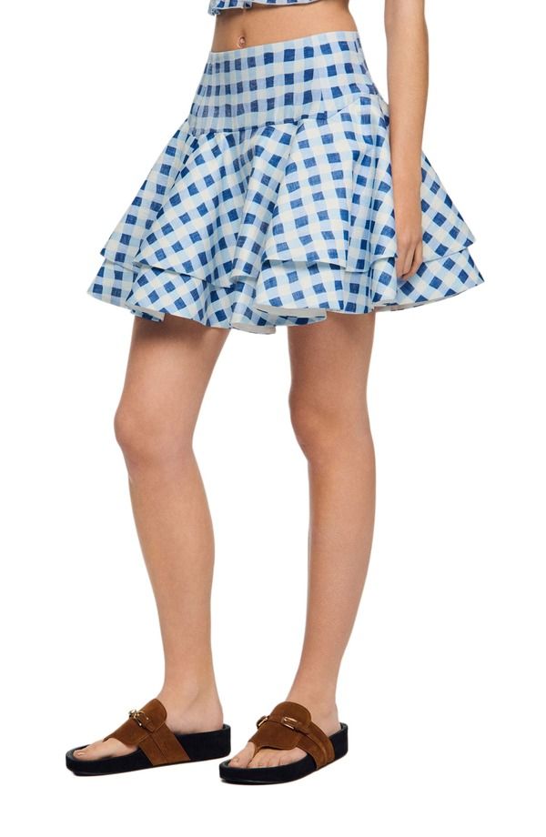 サンドロ レディース ボトムスカート ギンガムチェック リネン ギンガム SANDRO Short gingham linen skirt Blu white ホワイト