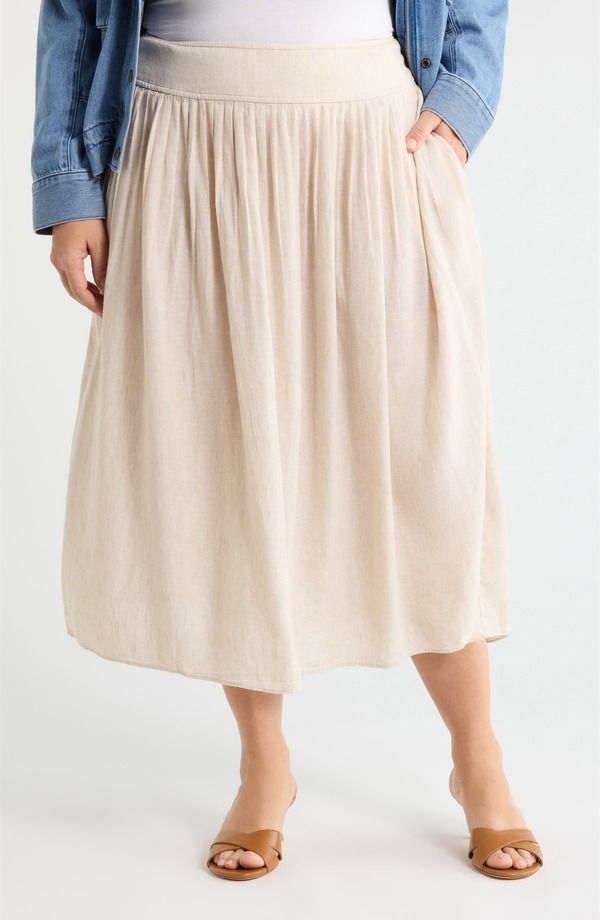 キャスロン レディース ボトムスカート プラスサイズ プリーツ ミディ リネン Caslon Pleated Linen Blend Midi Skirt Plus FLAX