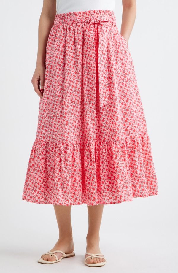 キャスロン レディース ボトムスカート ティアード ミディ Caslon Tie Waistie red Midi Skirt RED GERANIUM WHITE SEA GEO ホワイト