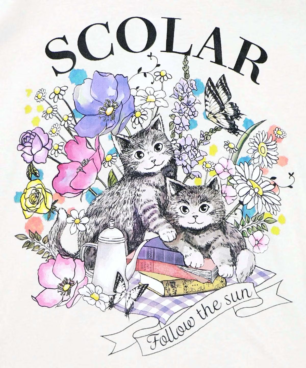 ScoLar（スカラー）161651：花ネコピクニック柄配色Tシャツ - メルカリ
