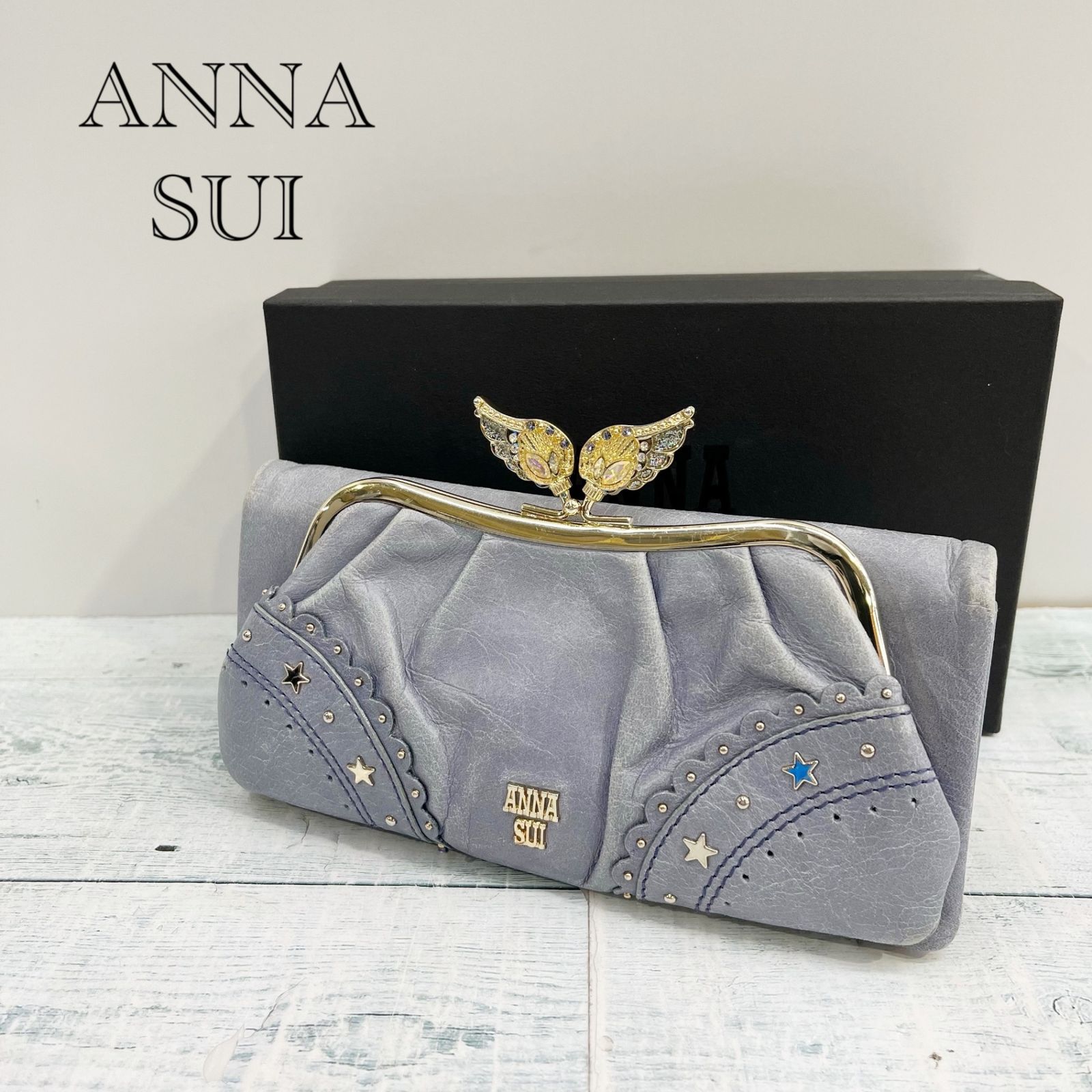 箱付き ANNA SUI アナスイ ニケ レザー がま口 長財布 羽がま口 ブルー 青 ウォレット 小銭入れ レディース _208