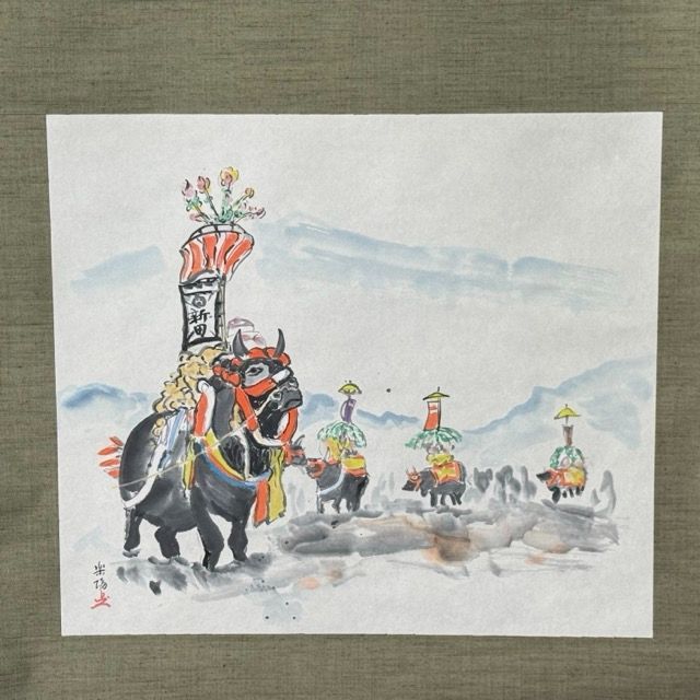 掛け軸 福井楽陽 梵天祭り 【中古】掛軸 秋田 横手 日本画家 木箱入り 新田 牛 尺八横 長さ128cm / 517741 7,906円