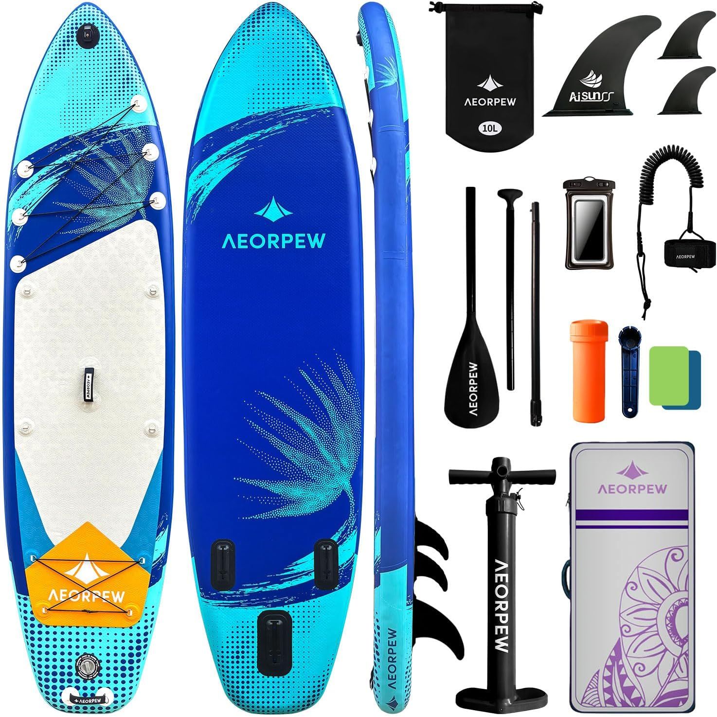 AEORPEW インフレータブル パドルボード 320cm ワイドデッキ ウォータースポーツ ヨガ 釣り 初心者 女性向け 8kg 軽量 バックパック付属 調整式パドル リーシュ付