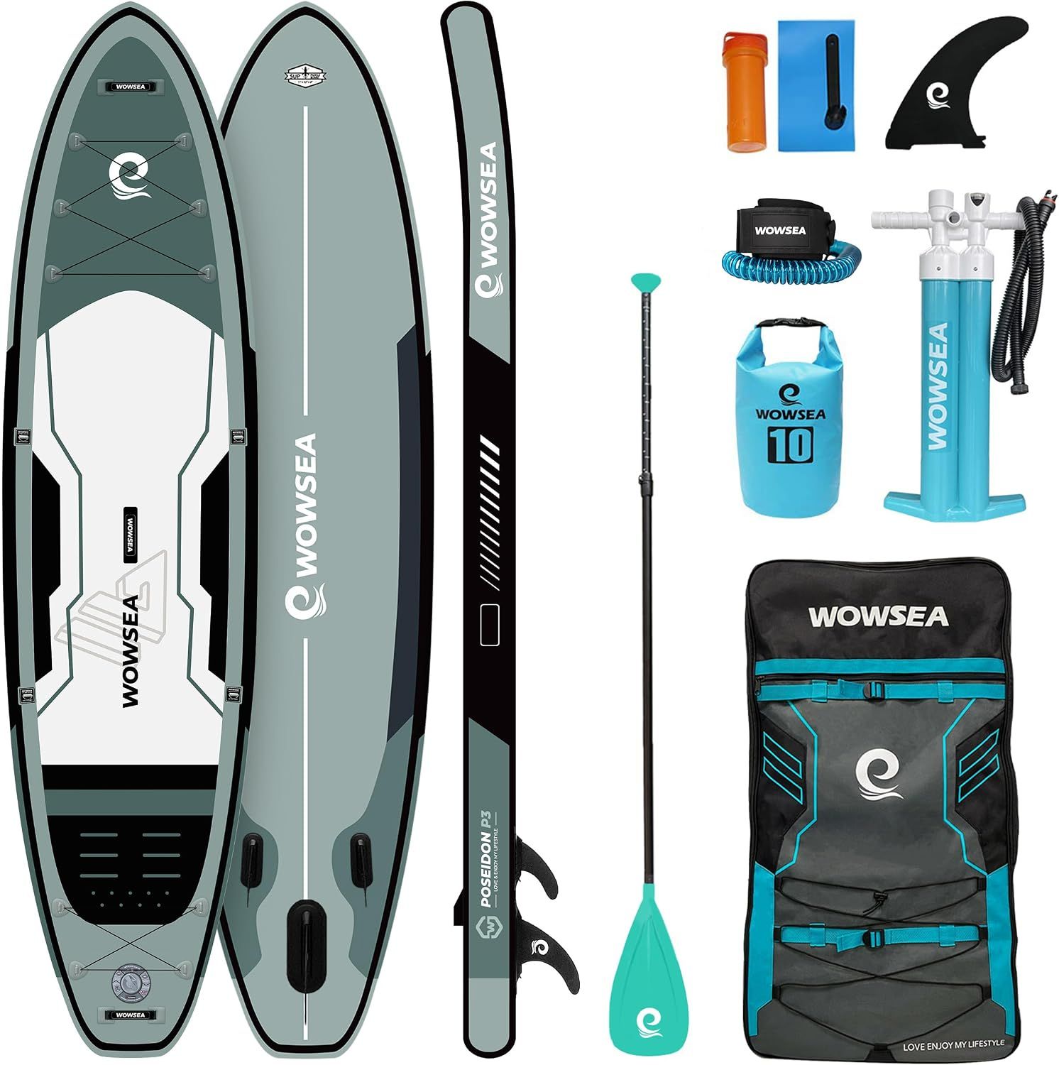WOWSEA インフレータブルSUPボード 335cm ヨガツーリング パドルボード 安定性抜群 PVCレール 15PSI対応
