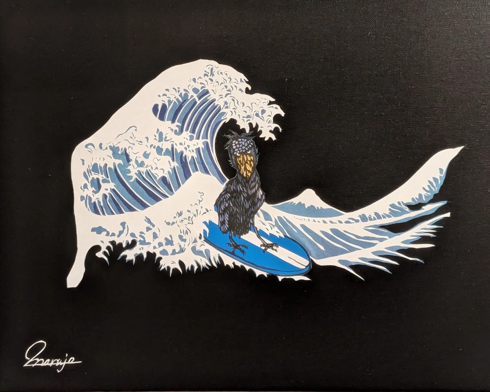 切り絵「ハシビロコウサーフィン?️」