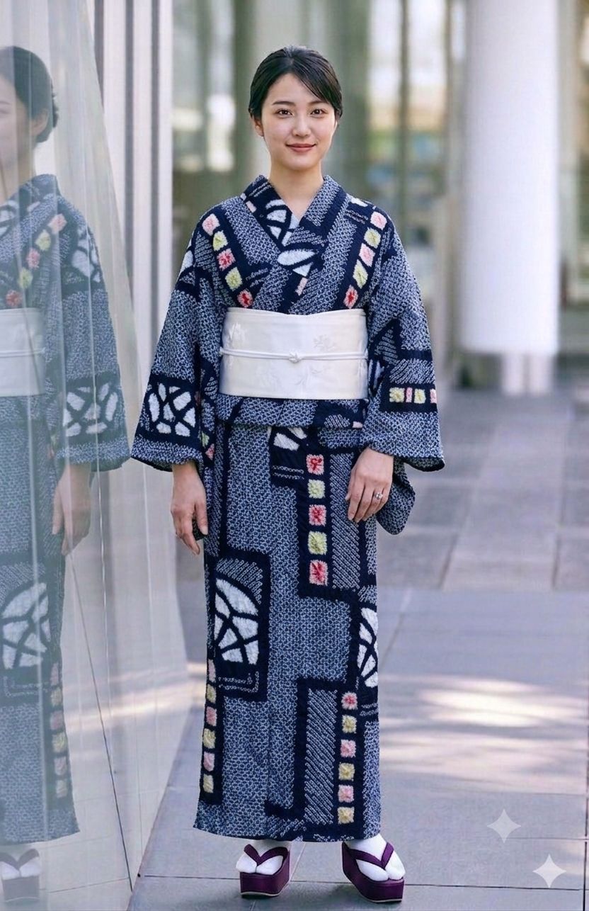 有松鳴海絞り】伝統工芸 絞り浴衣 手縫い 居敷当て付 藍染風 リメイク