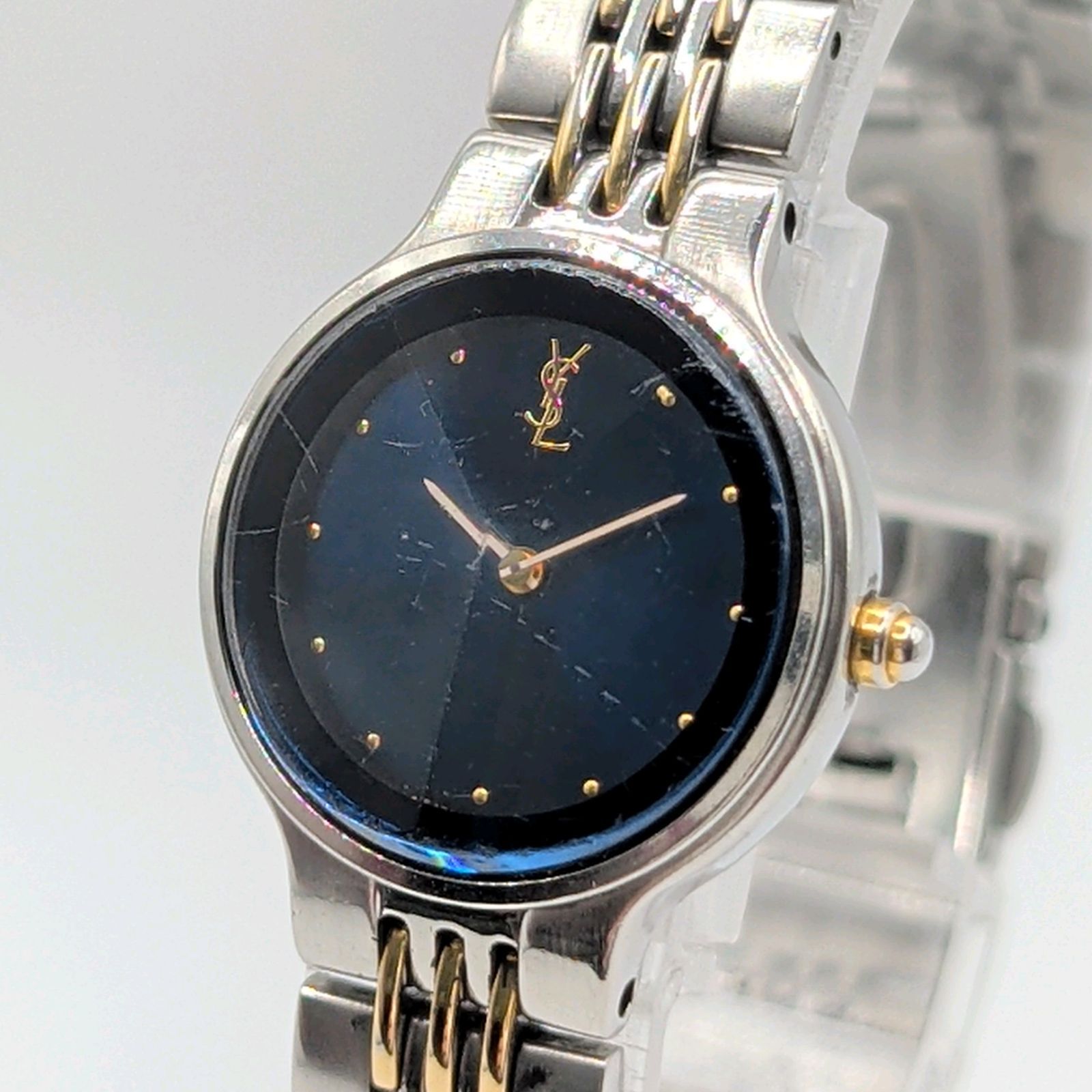 Yves Saint Laurent 5421-H10058 Y Watch Quartz Ladies Blue Silver Cut Glass Y2K Vintage サンローラン 時計 クオーツ レディース シルバー ブルー カットガラス 稼働品 18,500円