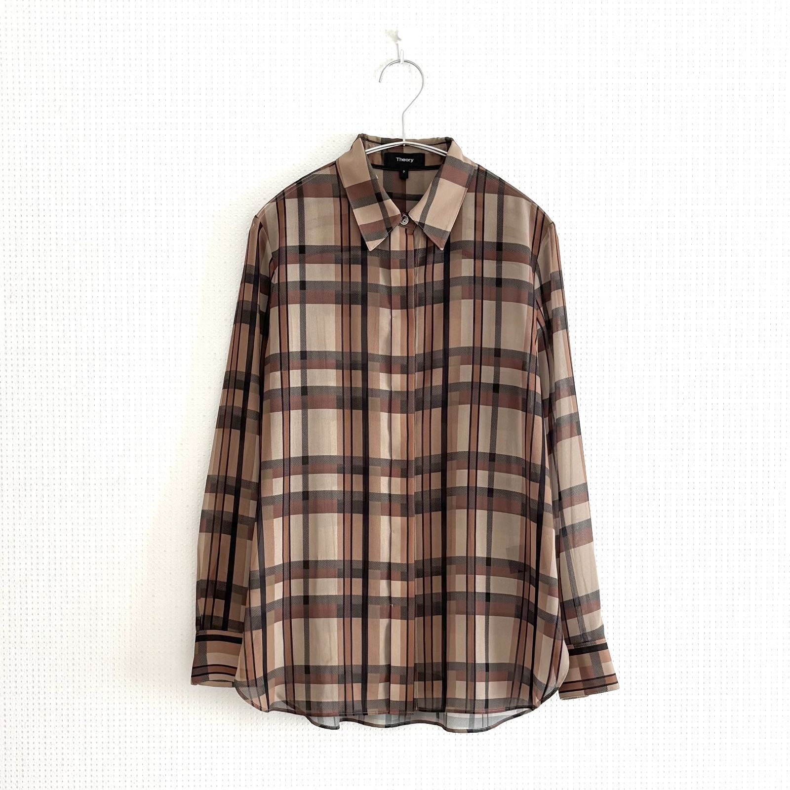 Theory セオリー シアーチェックシャツ CLASSIC STRAIGHT SHEER PLAID 長袖 ブラウス ブラウン 茶 チェック柄 サイズP ポリエステル100% 日本製 透け感 シアー 羽織り オフィス 通勤 お出かけ 旅行 【D566】 6,853円