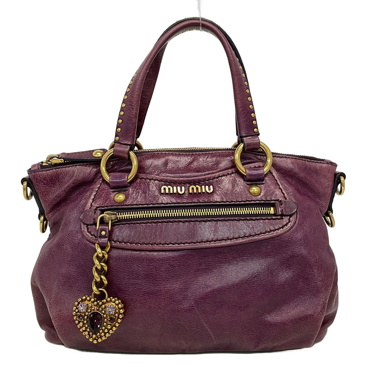 ☆美品 miumiu ハートチャーム ビジュー キラキラ バッグチャーム miumiu(ミュウミュウ) ハンドバッグ - パープル ハートチャーム