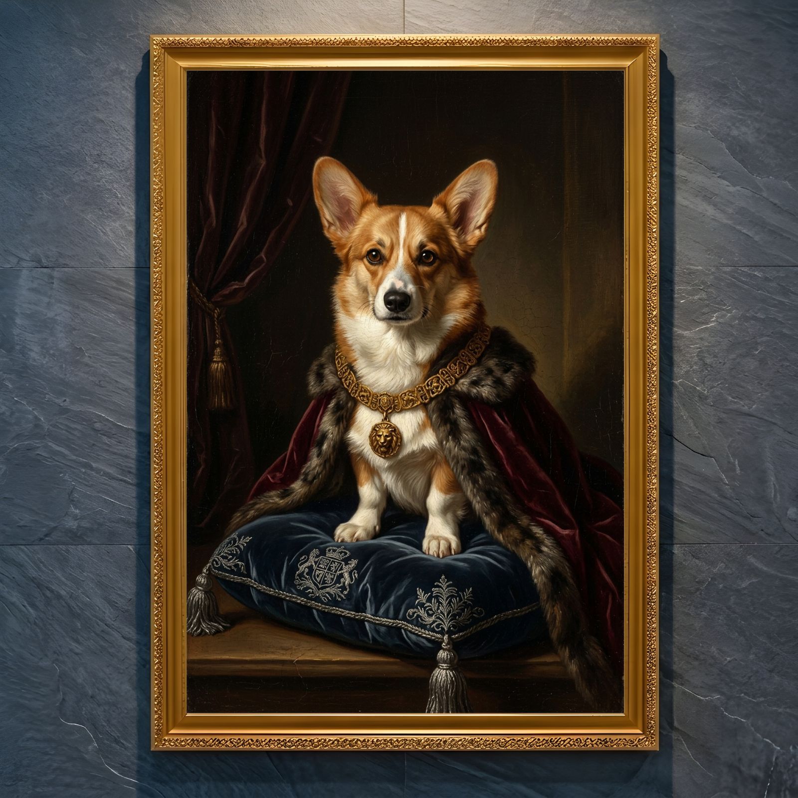 犬（コーギー）のルネサンス風肖像画 油絵風アートA4金縁額装