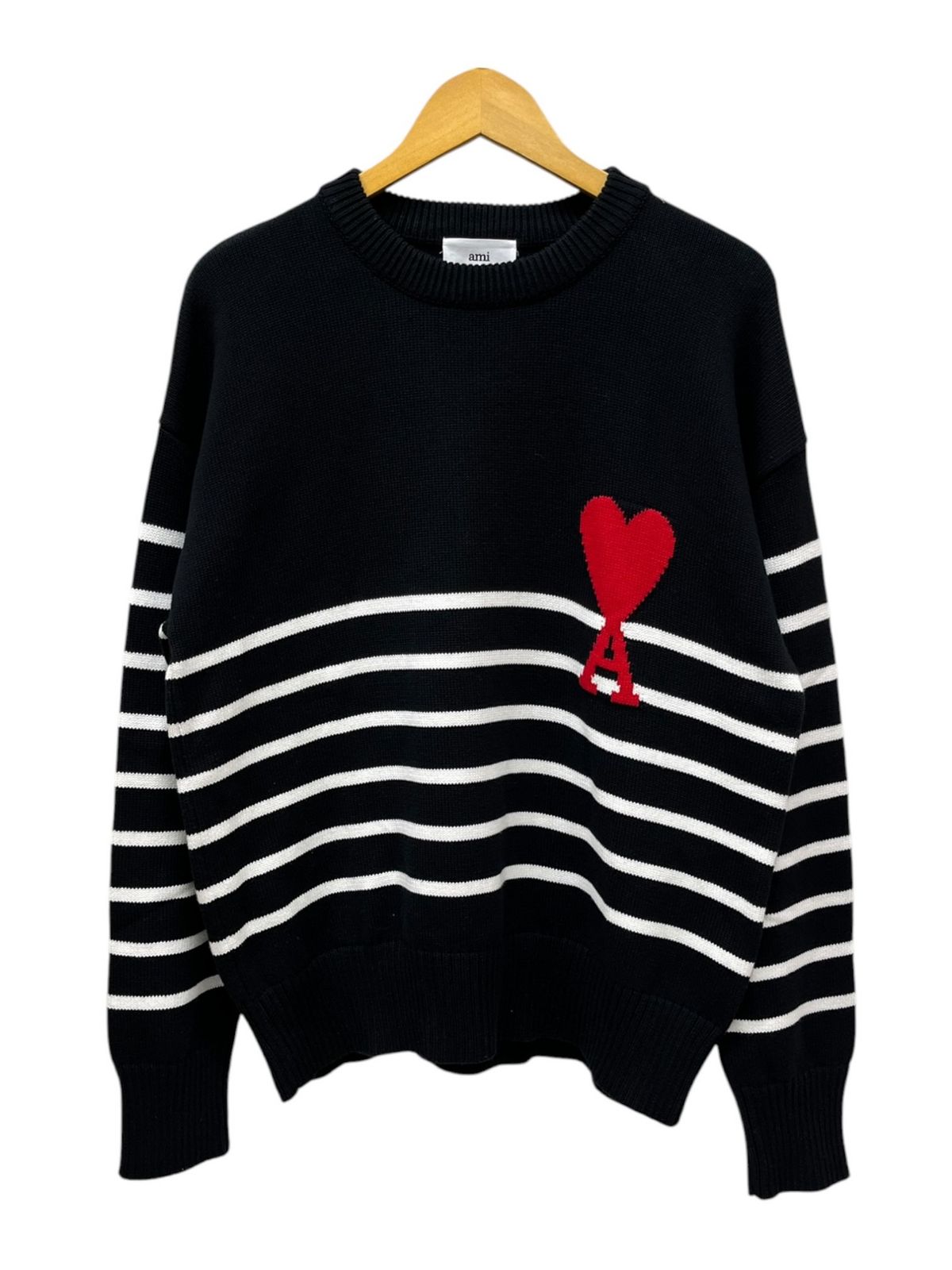 Ami Alexandre Mattiusi (アミアレクサンドレマテュッシ) ハートロゴ ボーダークルーネックニット A21FK009.016 XL ブラック メンズ/025
