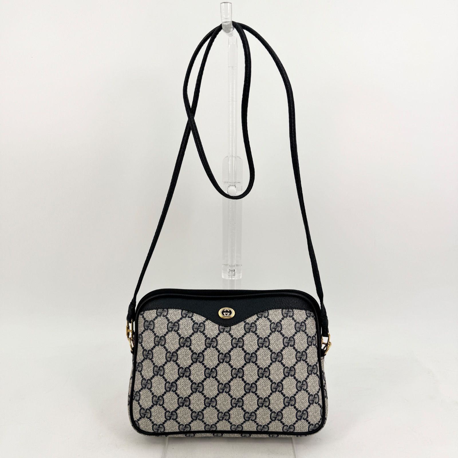 美品 GUCCI グッチ GG柄 ショルダーバッグ ネイビー PVC レザー