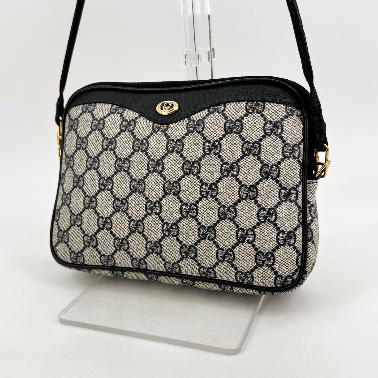 美品 GUCCI グッチ GG柄 ショルダーバッグ ネイビー PVC レザー 