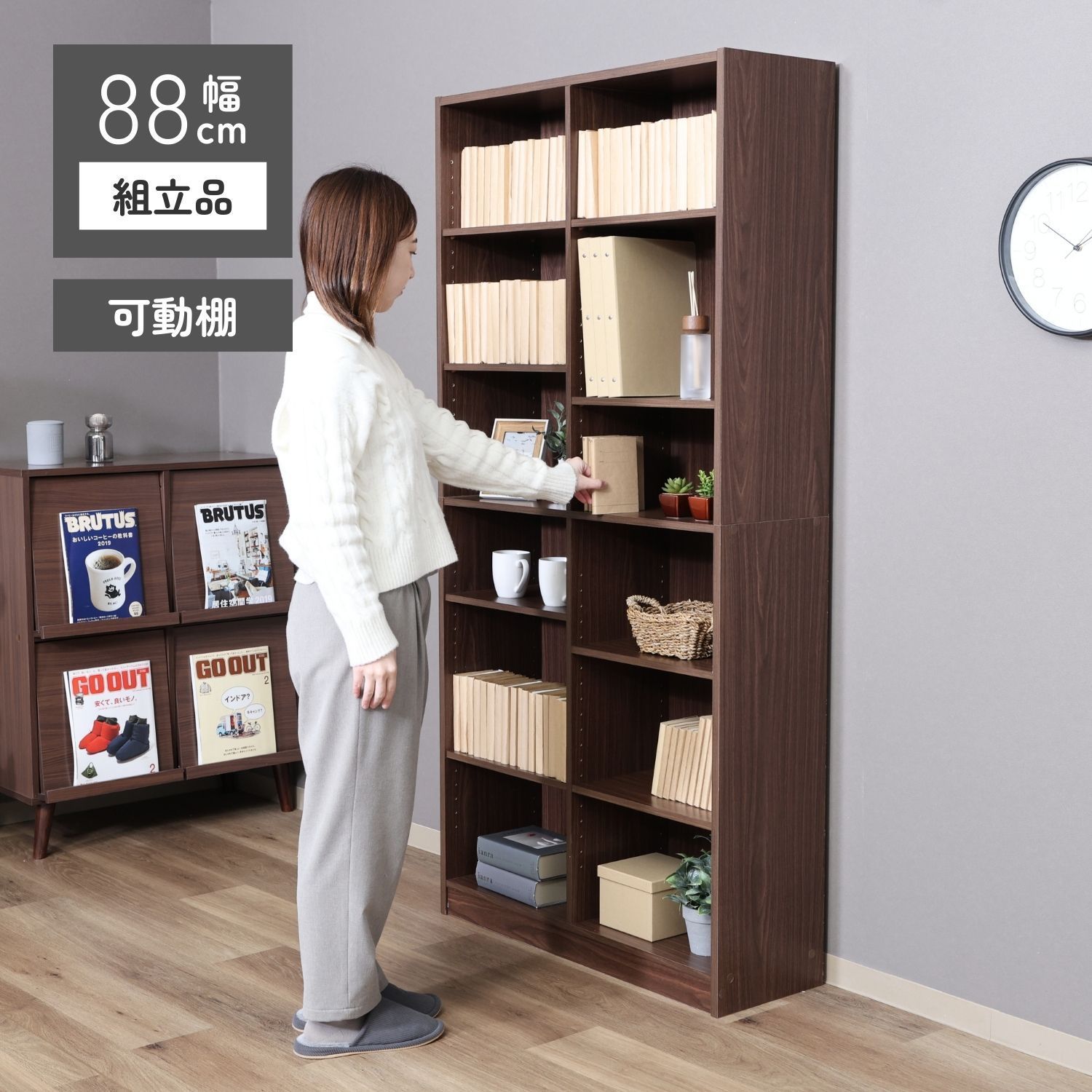 ♪2列6段 ワイド ブックシェルフ ［幅88cm］　　　　本棚 書棚 ブックスタンド コミックラック 木製ラック シェルフ