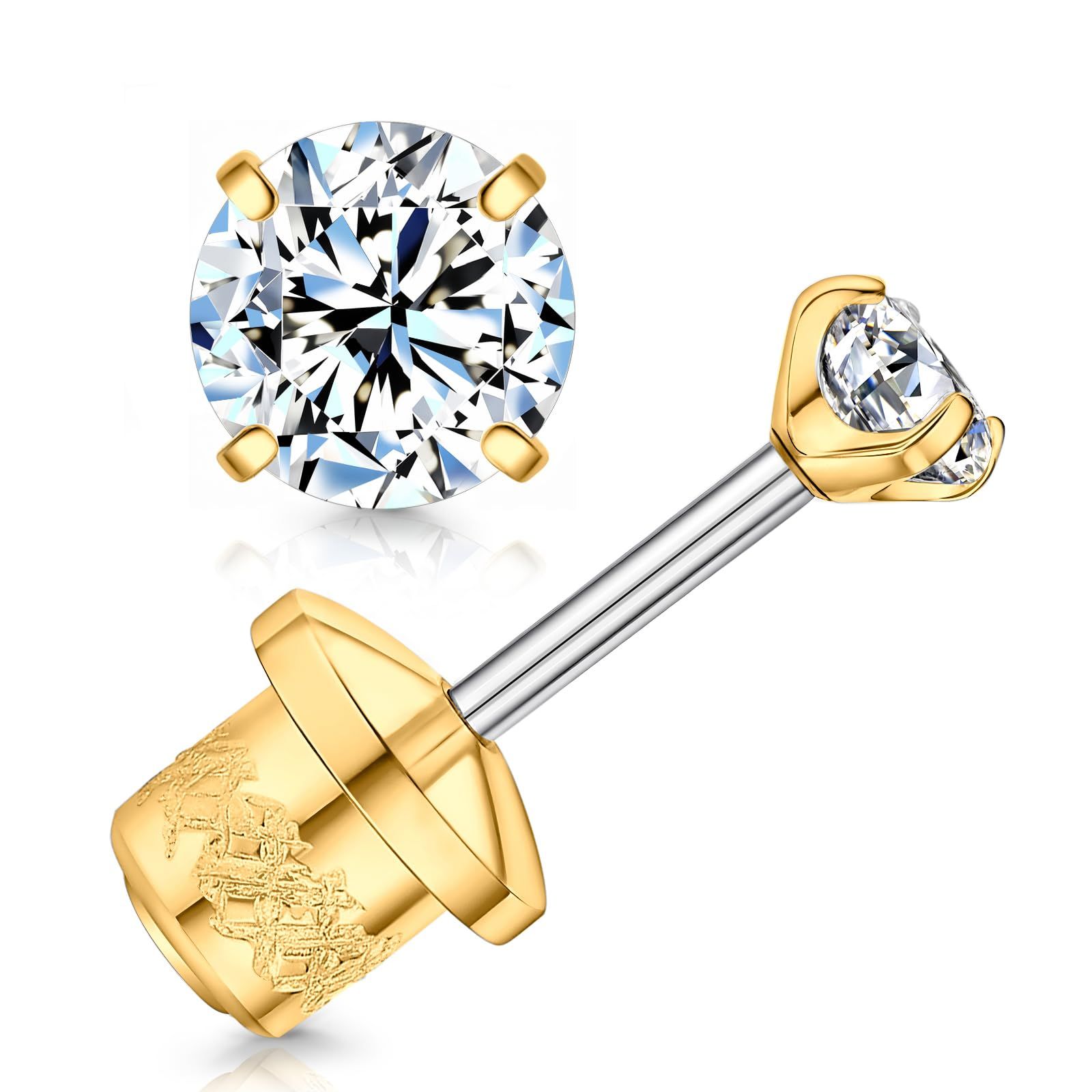 モイッサナイトピアス 金属アレルギー対応 ピアス 2個セット、チタンピアス Dカラド VVS1モアサナイト ネジ式 軟骨ピアス セカンド 敏感な耳のための(ゴールド,4 mm)