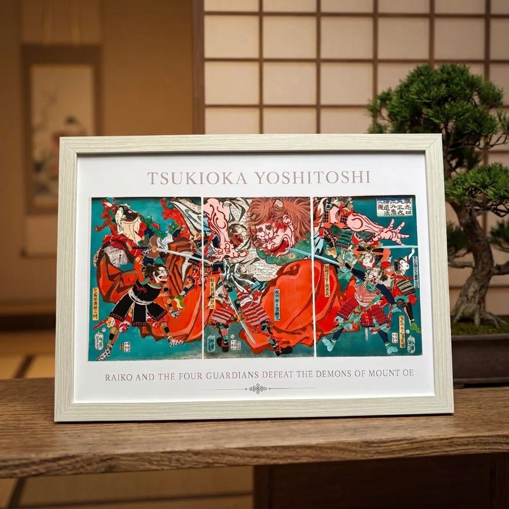 月岡芳年 頼光四天王大江山鬼神退治之図 A4額付き 浮世絵 三枚続 複製