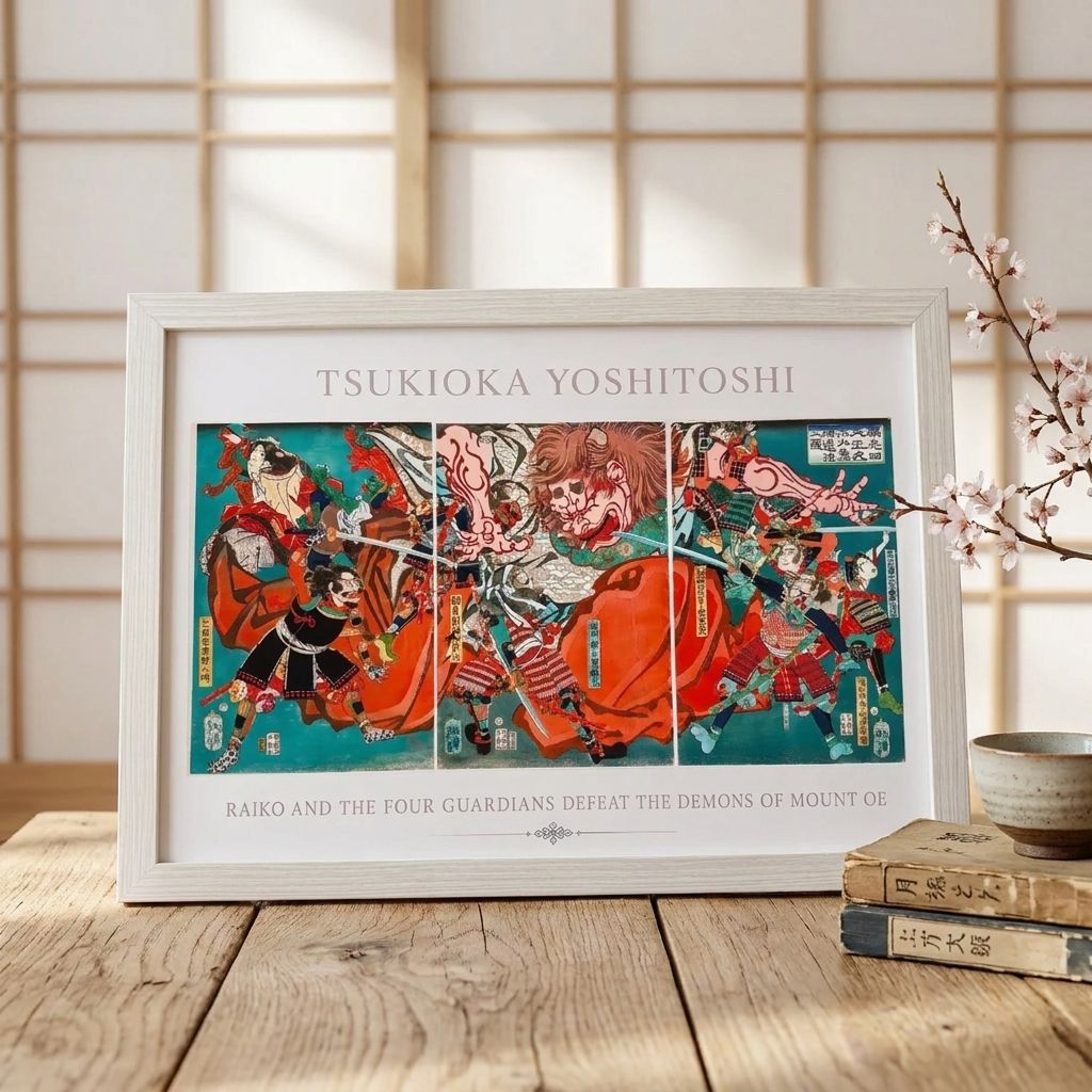 シ*ゴ様 四天王大江山入　3枚続　浮世絵 錦絵　※裏打ちあり 月岡芳年 頼光四天王大江山鬼神退治之図 A4額付き 浮世絵 三枚続 複製