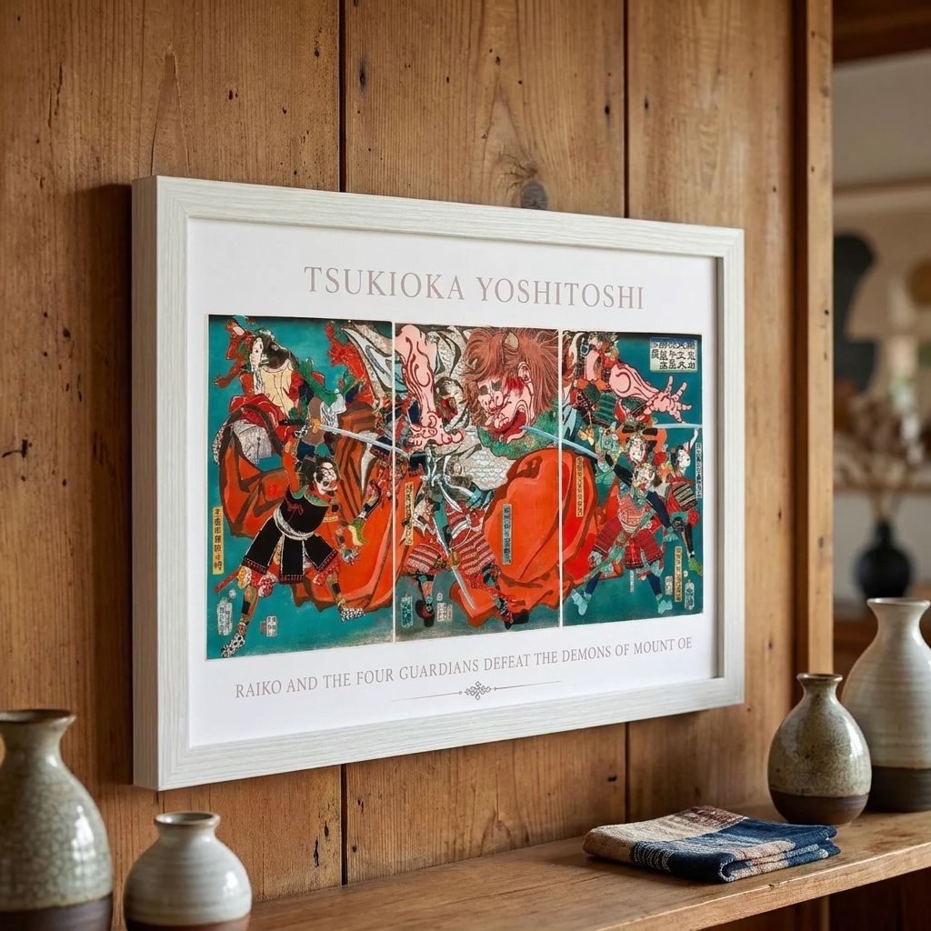 月岡芳年 頼光四天王大江山鬼神退治之図 A4額付き 浮世絵 三枚続 複製