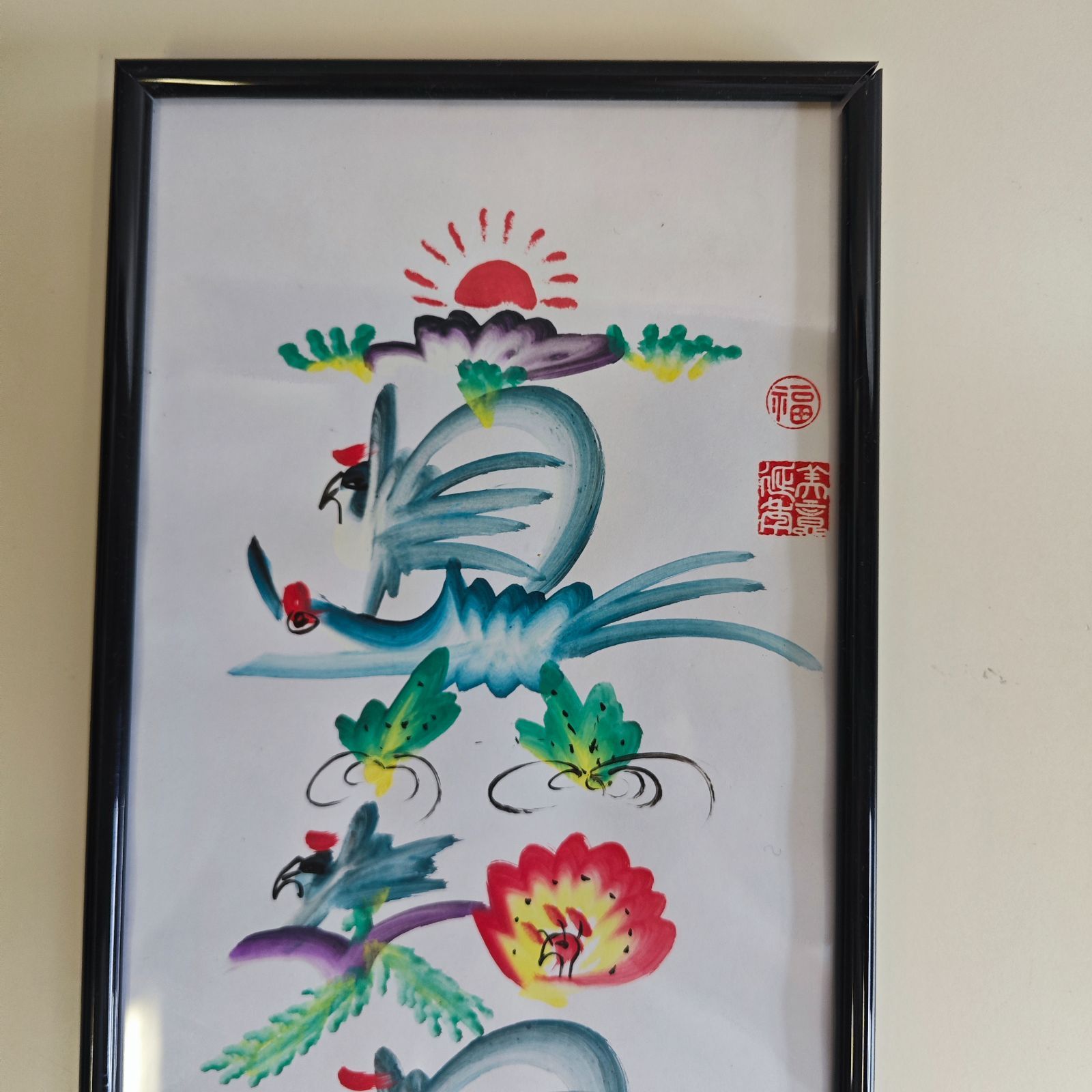 中国伝統工芸 額縁付き 開運風水花文字「萬事如意」手書き 壁掛け