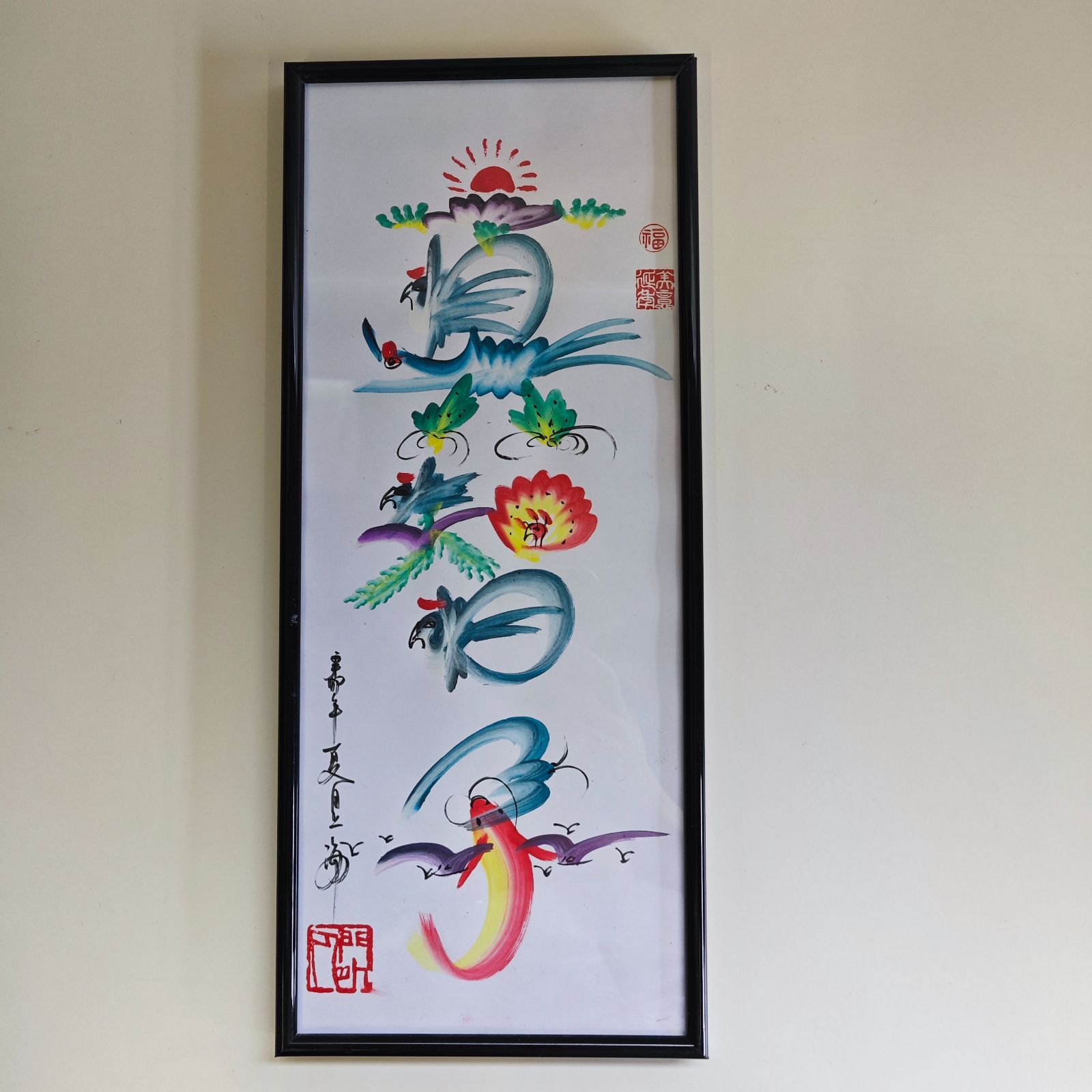 中国伝統工芸 額縁付き 開運風水花文字「萬事如意」手書き 壁掛け
