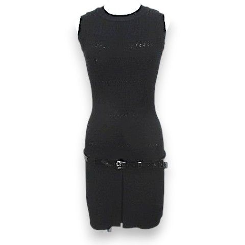 エルマノシェルビーノ ERMANNO SCERVINO ノースリーブ ニット ワンピース ミニ丈 38 黒系 ブラック カットワーク エナメルベルト イタリア製