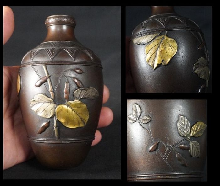 銅器　明治工芸　彫金　銀象嵌　英国里帰り　超絶技巧　枝豆の図　花器　526g　花瓶　華道　活け花