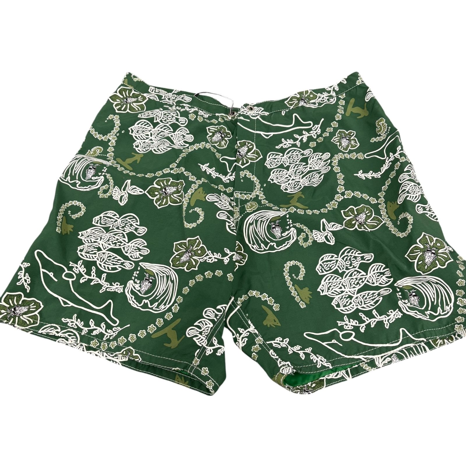 未使用 BIRDWELLバードウェル BEACH BRITCHES ビーチ・ブリッチズ アメリカ製 ボードショーツ サーフ サイズ表記34 緑系 柄 レジャー用 J14877RK