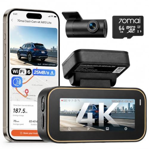 ☆新品☆【800万画素4K超強暗視+64GB カード付属】 70mai Dash Cam 4K A810 Lite ドライブレコーダー 前後2カメラ HDR搭載 F1.55 超広角 超強暗視 GPS 常時録画 衝撃録画 駐車監視 日本語音声コントロール スマホ