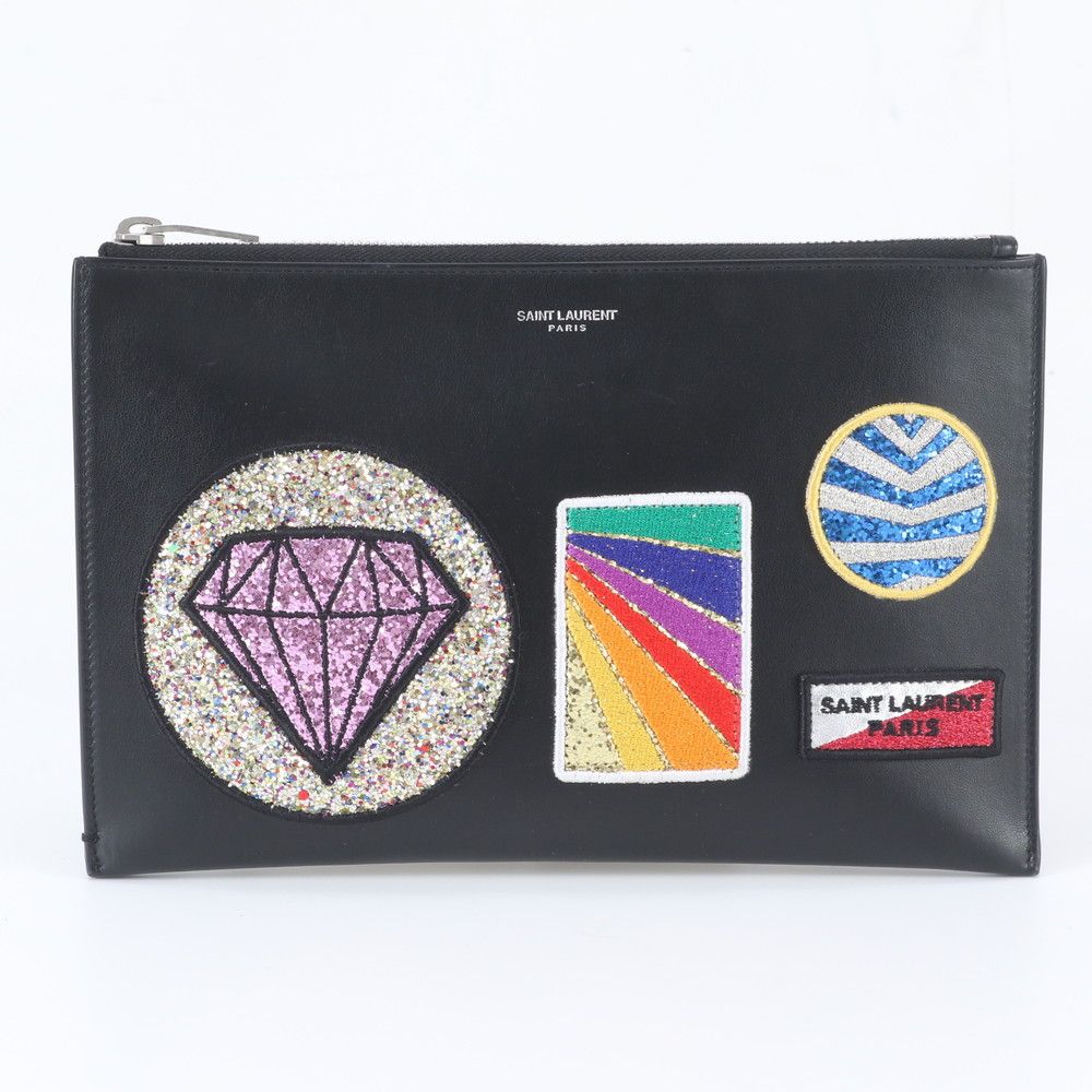 未使用 YSL サンローラン パリ グリッター ワッペン レザー クラッチ