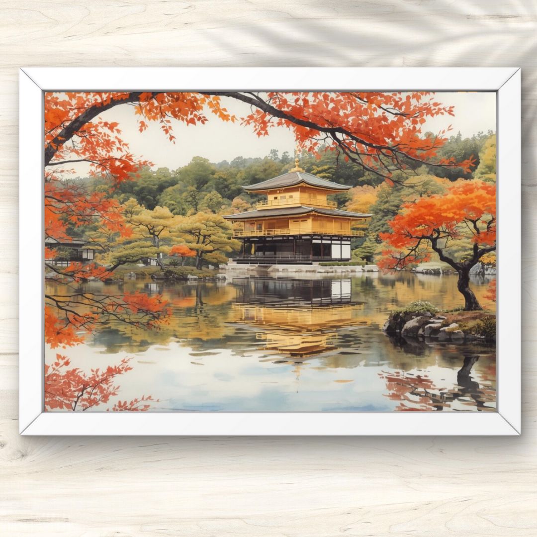 0000232 A4 水辺に映る金色の建物 水彩画 水辺の金色の建物 ポスター