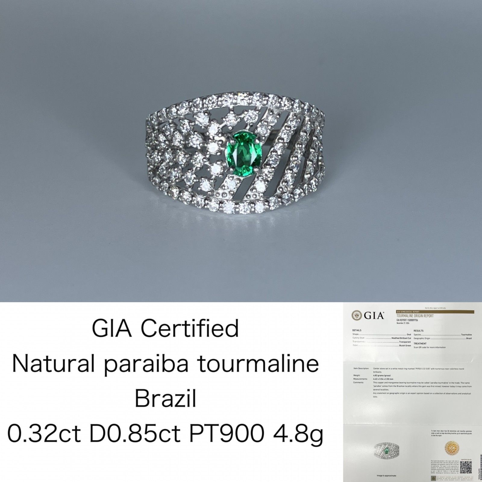 Paraiba Tourmaline 0.32ct Brazil GIA Certificate of Authenticity D0.85ct PT900 4.8g Ring (JP12) Free Resize 10108K