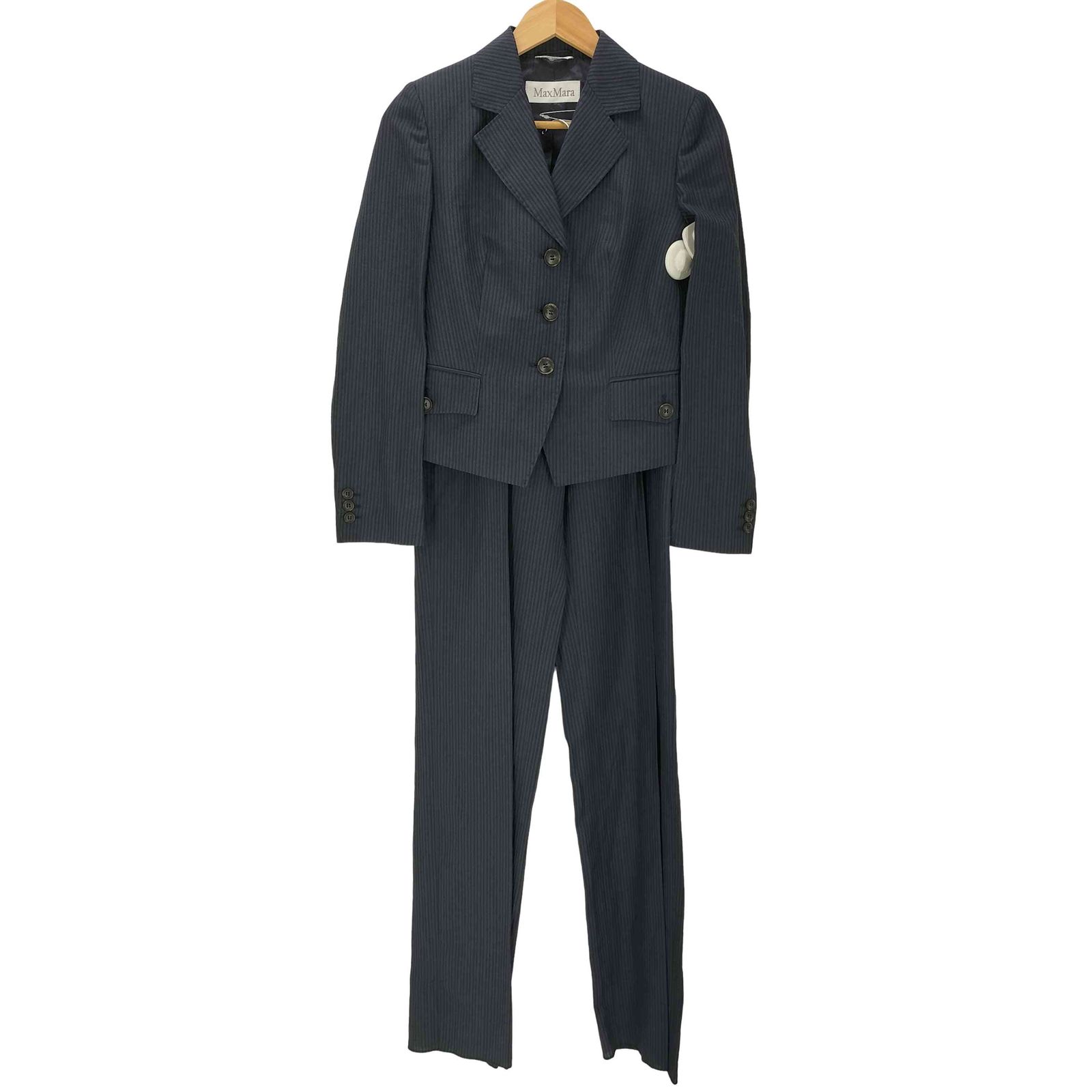 マックスマーラ MAX MARA MADE IN ITALY SET UP イタリア製 リネン ウール ストライプ ショート テーラード ジャケット スラックス パンツ セットアップ レディース 38