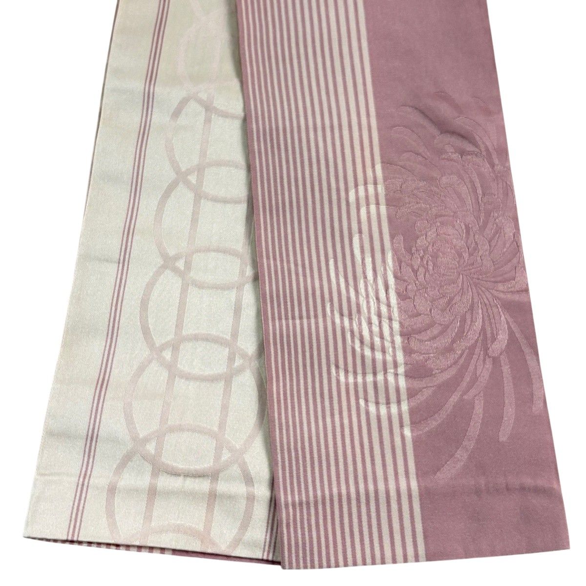 【美品】半幅帯 優品 菊 縞 ピンクベージュ 化繊 【中古】