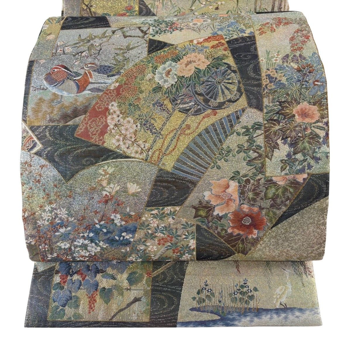 丸帯 逸品 日本絵画全集 壱阡八百口織 扇面 花鳥 金糸 プラチナ本金箔 金色 お太鼓柄 正絹 【中古】