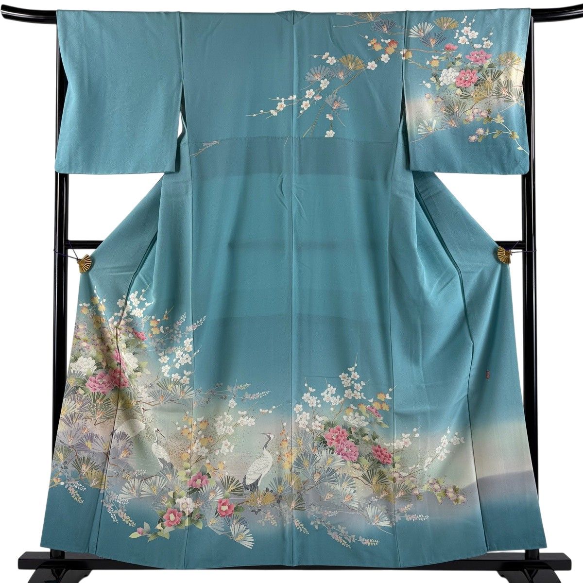 訪問着 身丈157.5cm 裄丈66cm M 袷 落款 鶴 松梅 金彩 ぼかし 水色