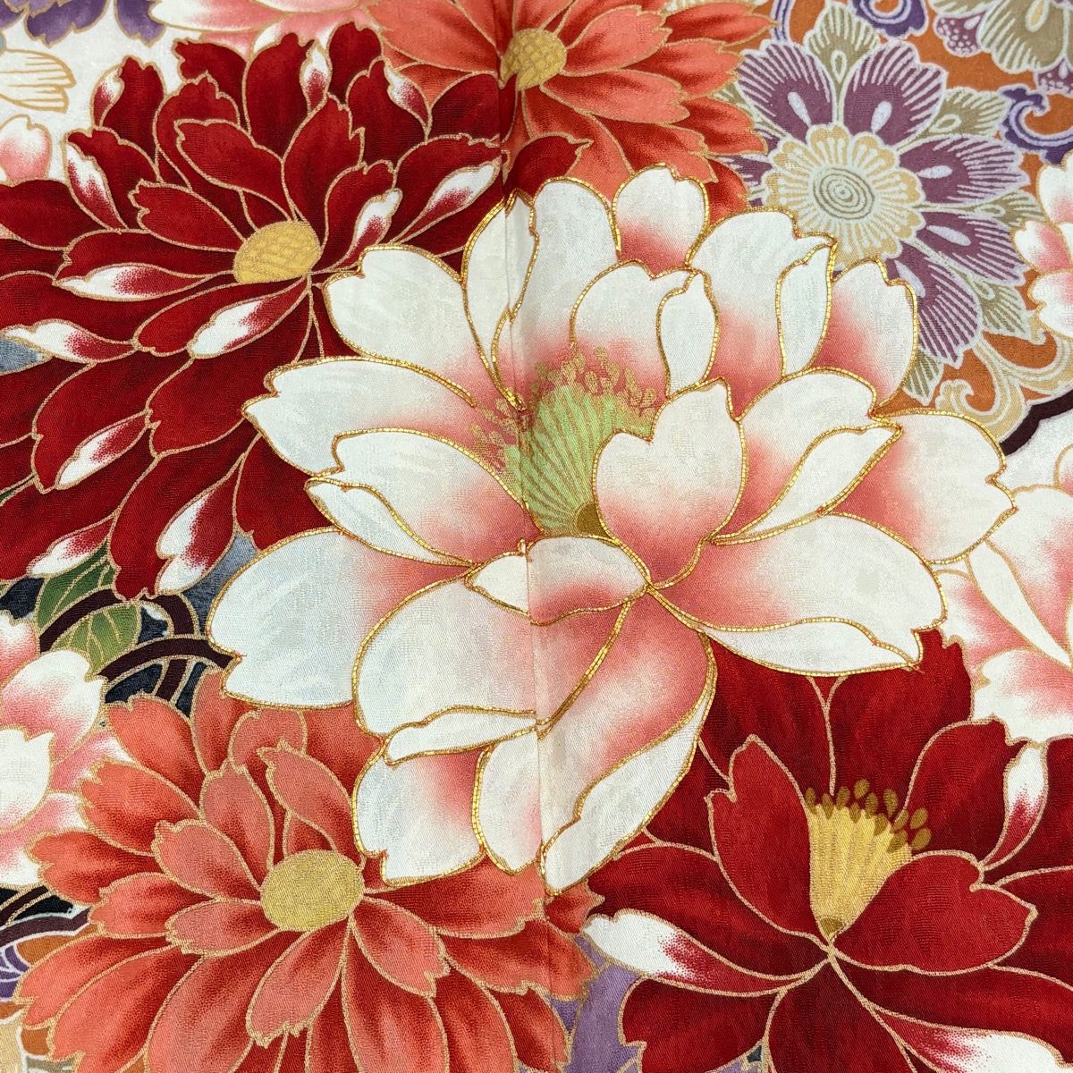 美品】 振袖 身丈172.5cm 裄丈72cm L 袷 袋帯フルセット 草花 雪輪