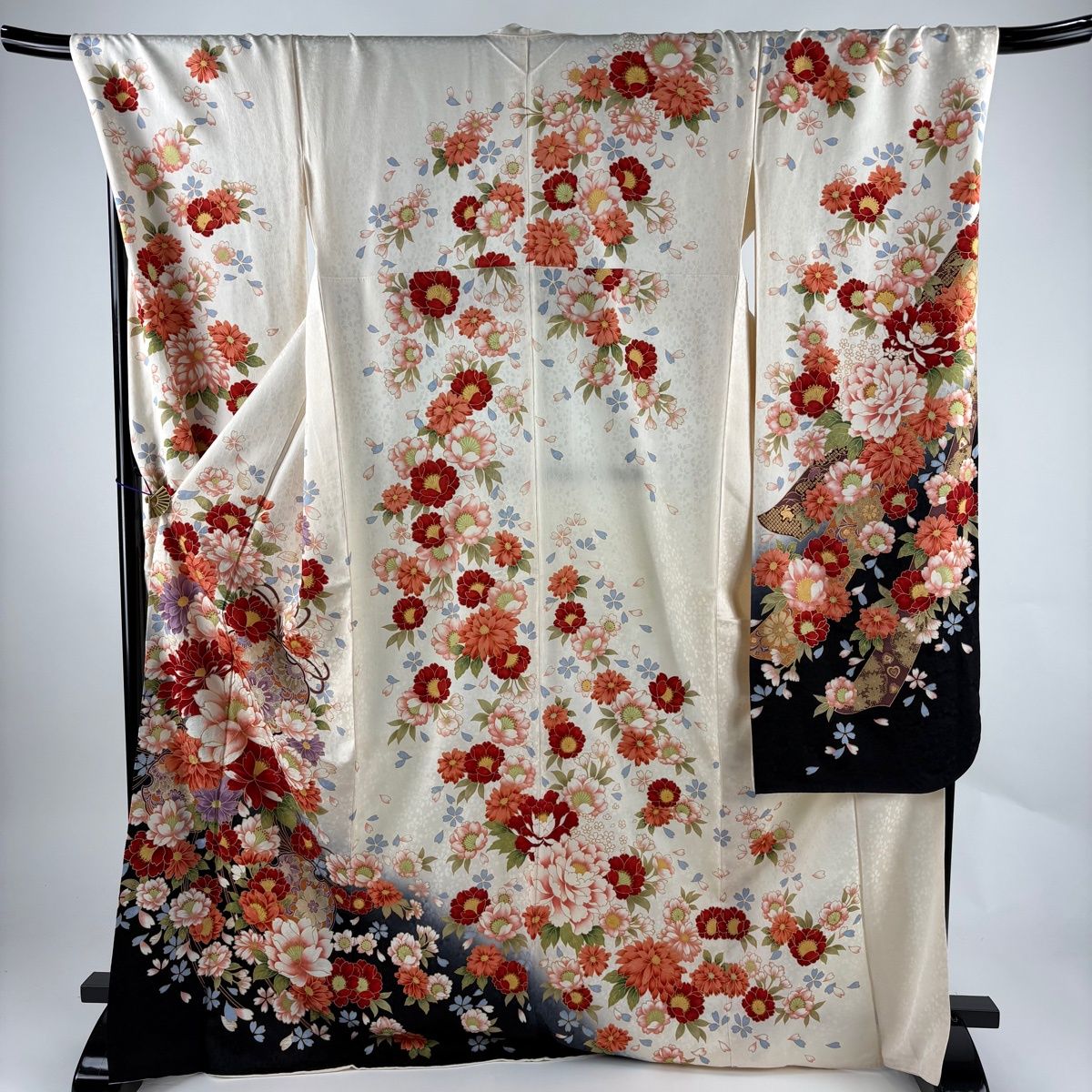振袖フルセット袷 藤 草花 金糸 金彩 灰緑 正絹 美品】 振袖 身丈172.5cm 裄丈72cm L 袷 袋帯フルセット 草花 雪輪