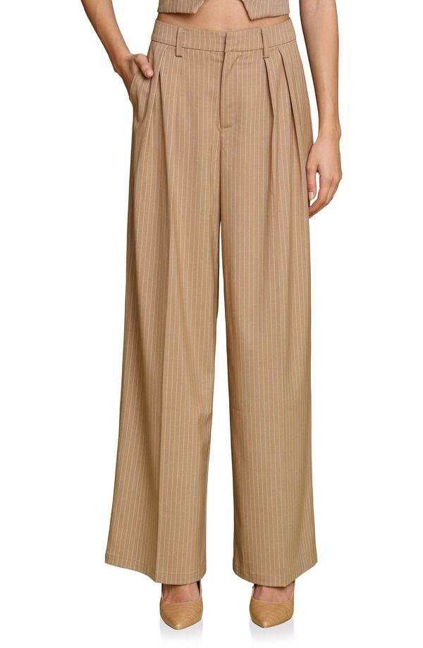 アヴェックレフィーユ レディース ボトムス レギンス ワイドレッグ ハイウエスト パンツ Avec Les Filles Pinstripe High Waist Wide Leg Pleat Fro