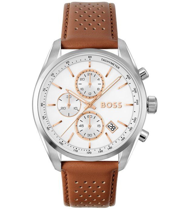 ヒューゴボス レディース アクセサリー 腕時計 レザー Hugo Boss Mens Grand Prix Quartz Chronograph Leather Strap Watch Brown ブ