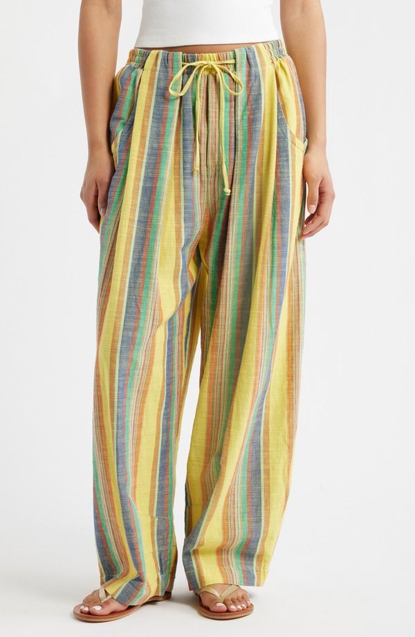フリーピープル レディース ボトムス レギンス パンツ コットン リネン Free People Chamberstripe Drawstring Linen Cotton Pants Butter