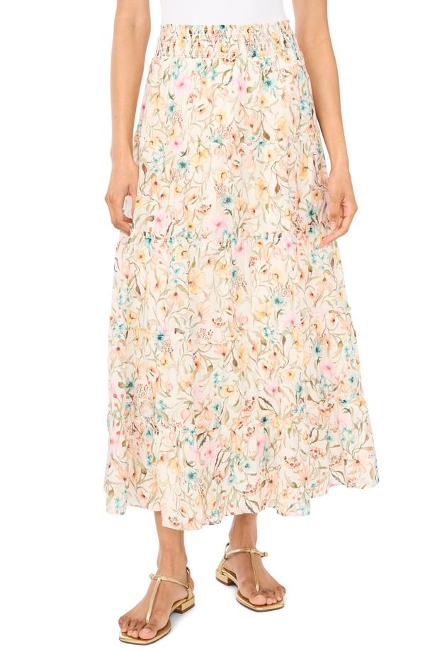 ヴィンスカムート レディース ボトムスカート ティアード シャーリング マキシ Vince Camuto Smocked Waistiered Maxi Skirt Antiq White ホワイト