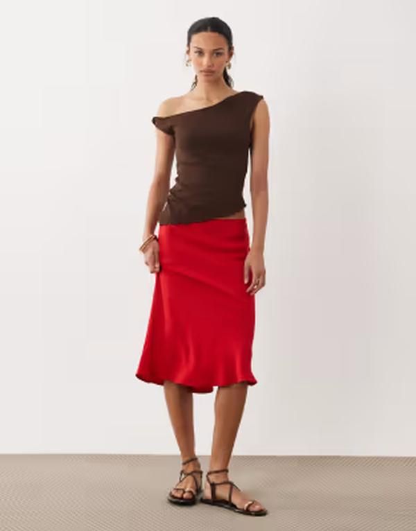 エイソス レディース ボトムスカート リネン ASOS DESIGN linen blend 90slip skirt Red レッド