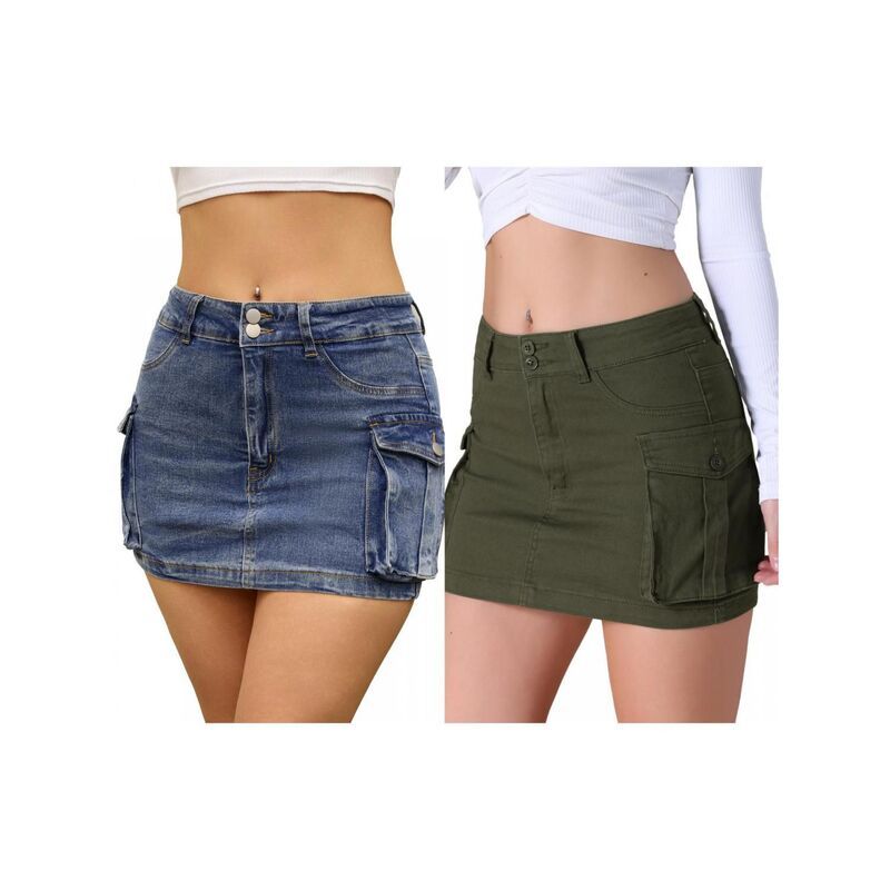 インスパイア シック レディース ボトムスカート ミニ デニム INSPIRE CHIC 2 Packs Womens Cargo Denim Skirtstretch Flapockets Butt