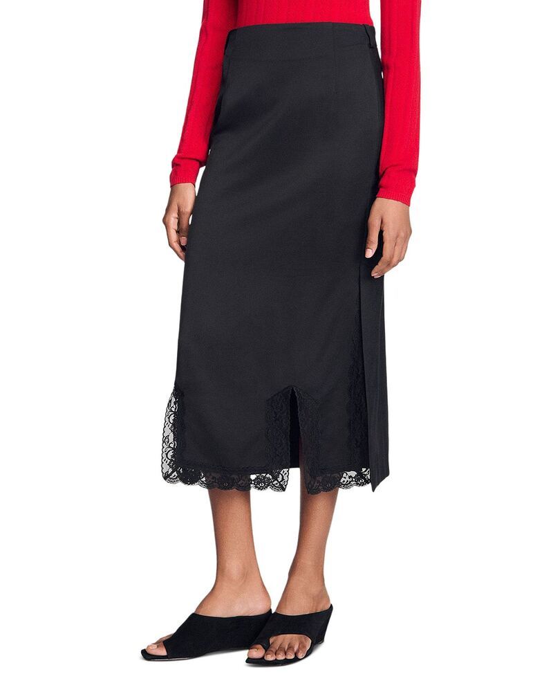 サンドロ レディース ボトムスカート レース Sandro Long Mixed Materialace Skirt Black ブラック