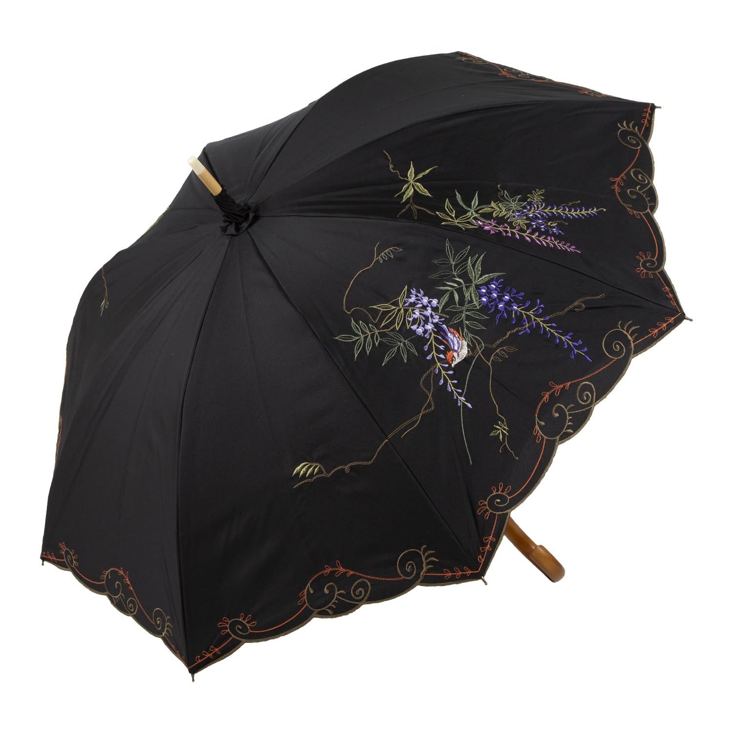 日傘 レディース 長傘 刺繍 晴雨兼用 逃熱日傘 UVカット 遮熱 耐風 大きめ 8本骨 涼しい 藤花 高級 二重張り かわず張り 藤 ギフト対応 (ブラック) 11,670円